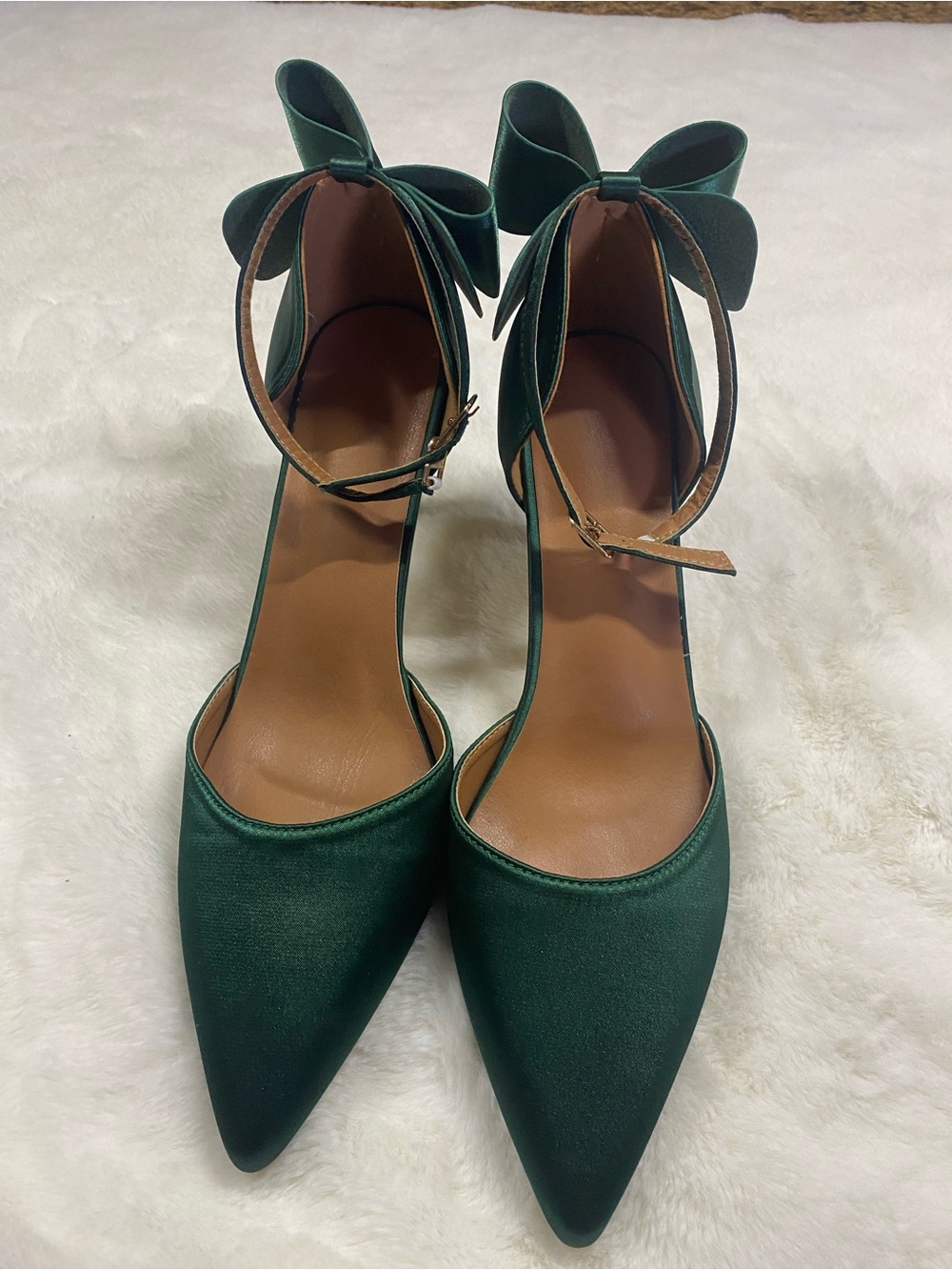 Women's Emerald Green Pointed Toe Ankle Strap Heels with Bow